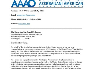 Amerika Azərbaycan Təşkilatları Alyansı Donald Trampa təbrik məktubu ünvanlayıb